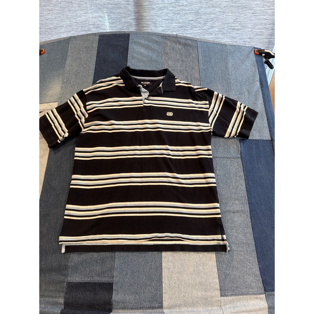 Ecko Unltd Mens XXL Polo Shirt Navy Blue Striped Short Sleeve Cotton Rhino Logo‎